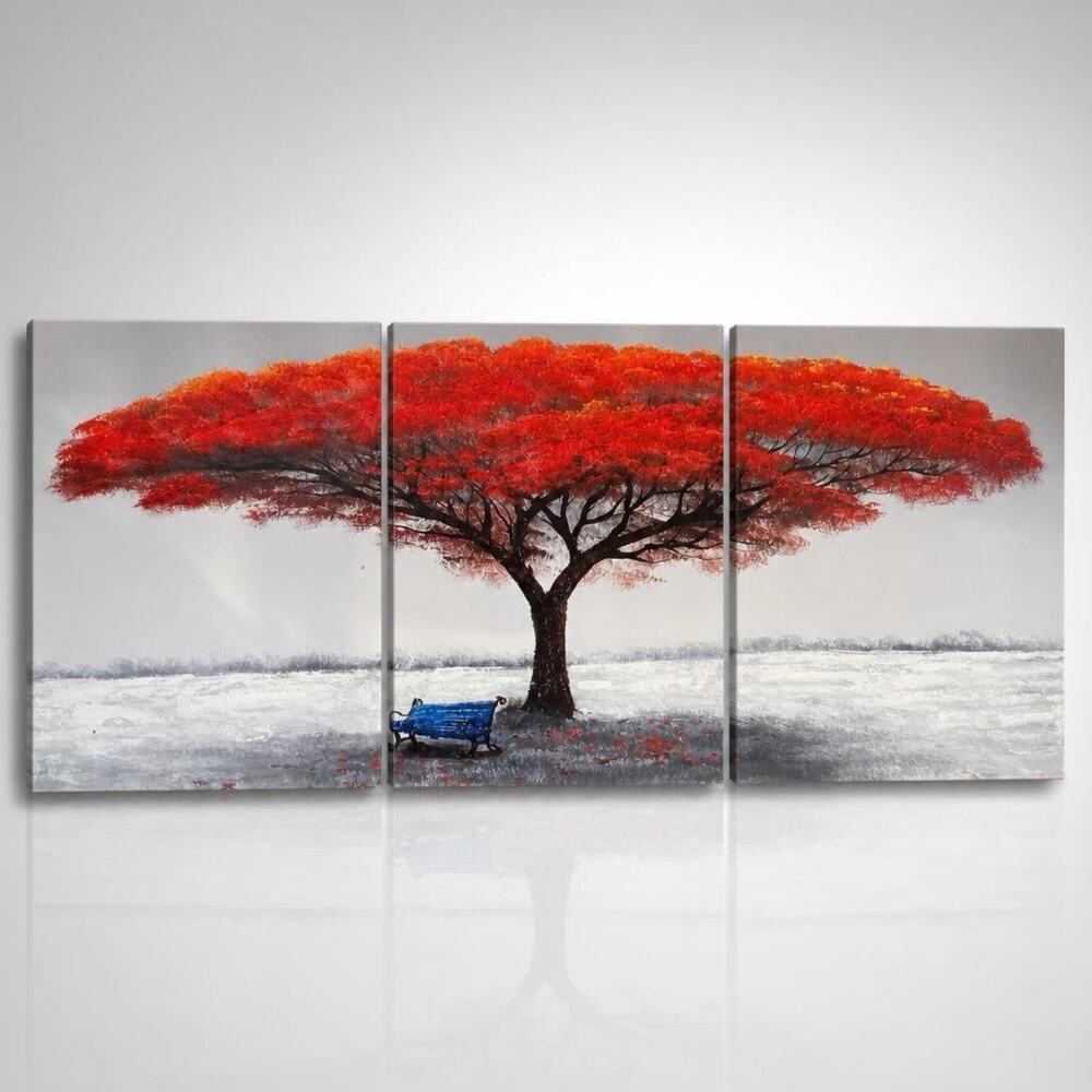 3 Panels Wall Decor Art Nature Art Abstract Painting Red Leafs Tree Art Prints